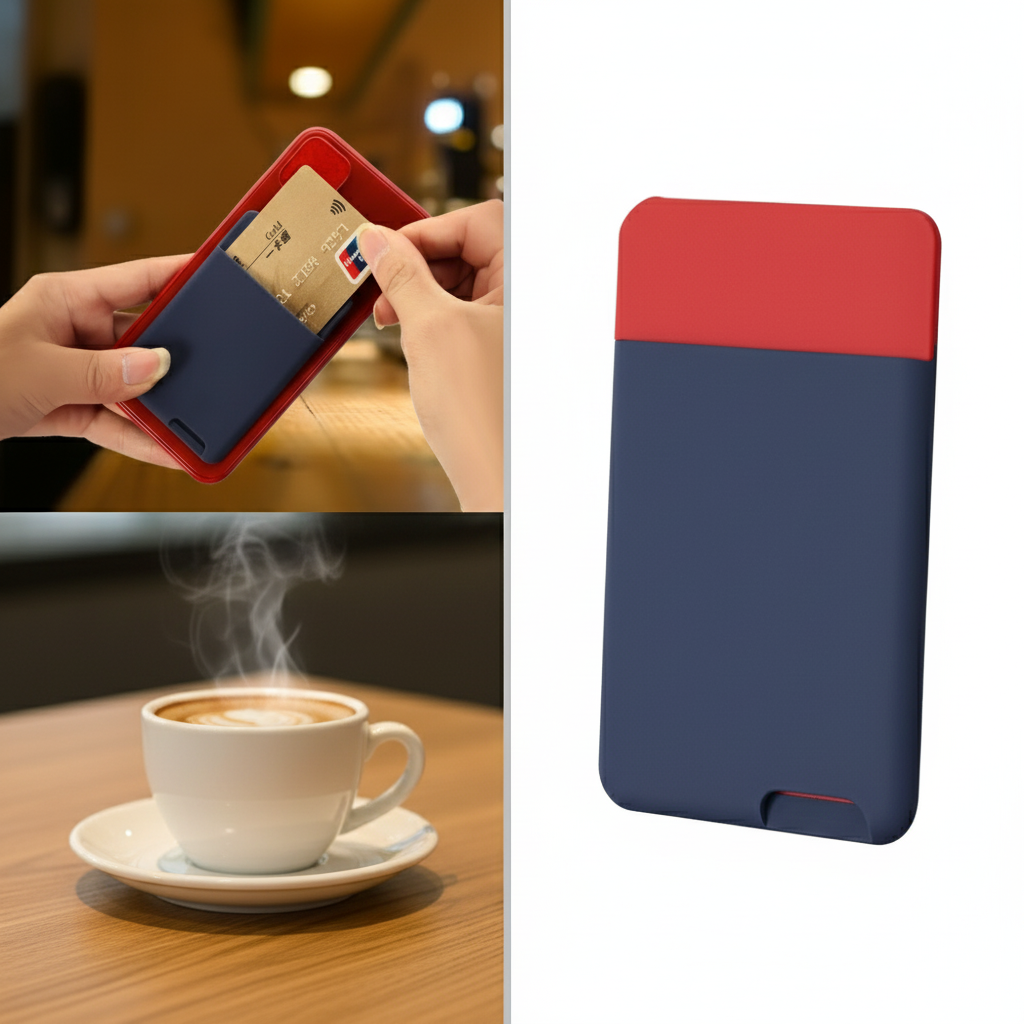 Slim adhesive card holder attached to back of smartphone