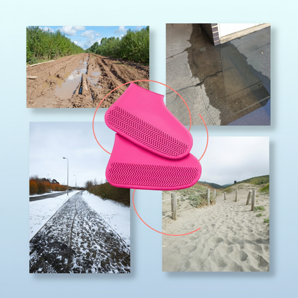 Waterproof overshoes showing non-slip grip pattern